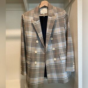 Maje Double-Breasted Plaid Blazer - Black, White, and Tan